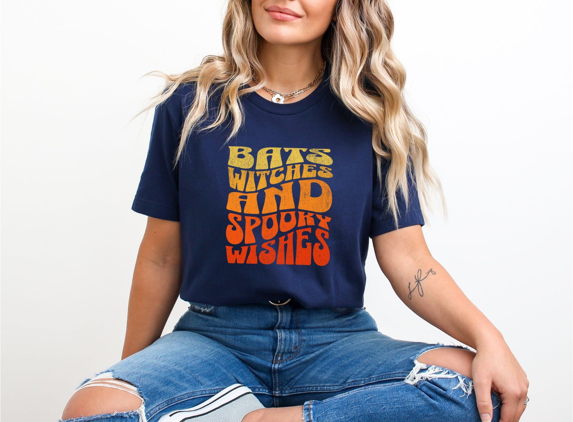 Bats Witches and Spooky Wishes Navy T-Shirt