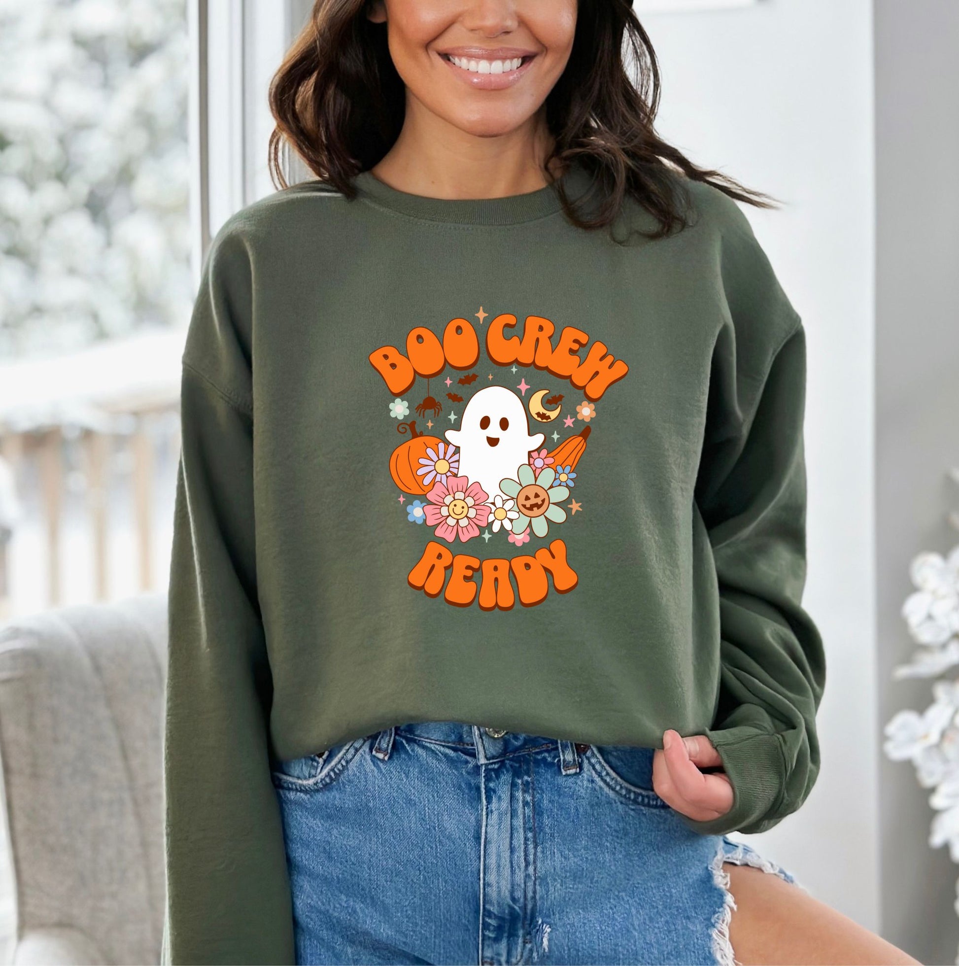 Boo Crew Ready Halloween Military Green Sweatshirt