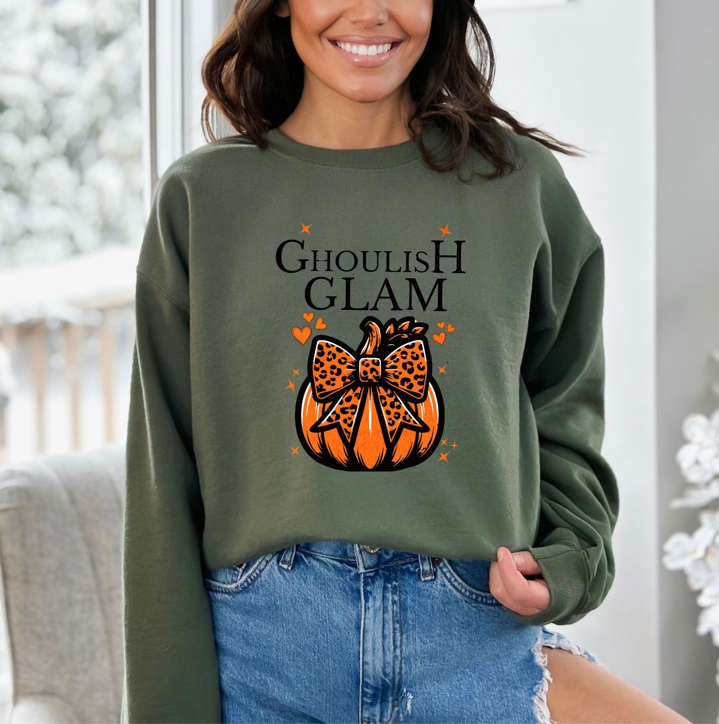 Ghoulish Glam Halloween Military Green Sweatshirt