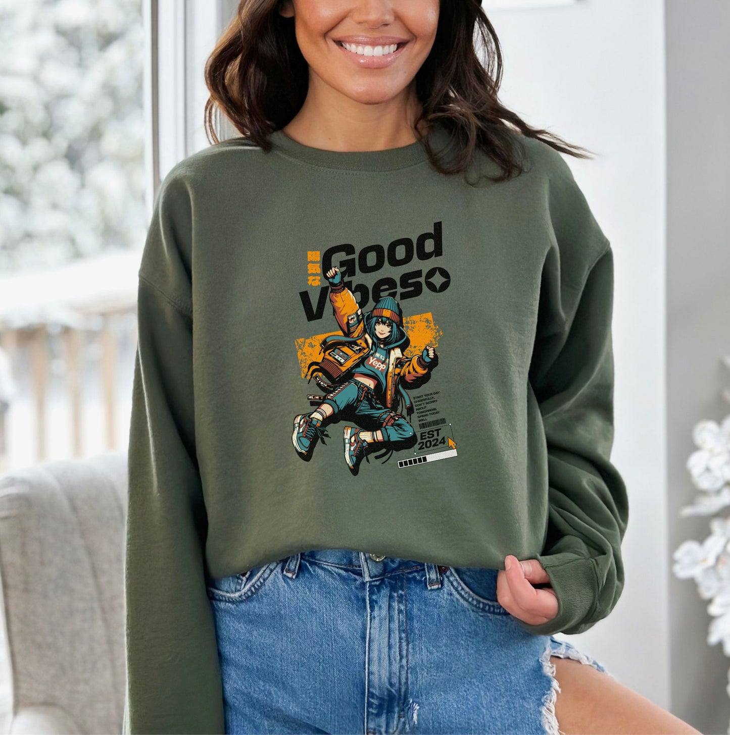 Good Vibes Military Green Sweatshirt