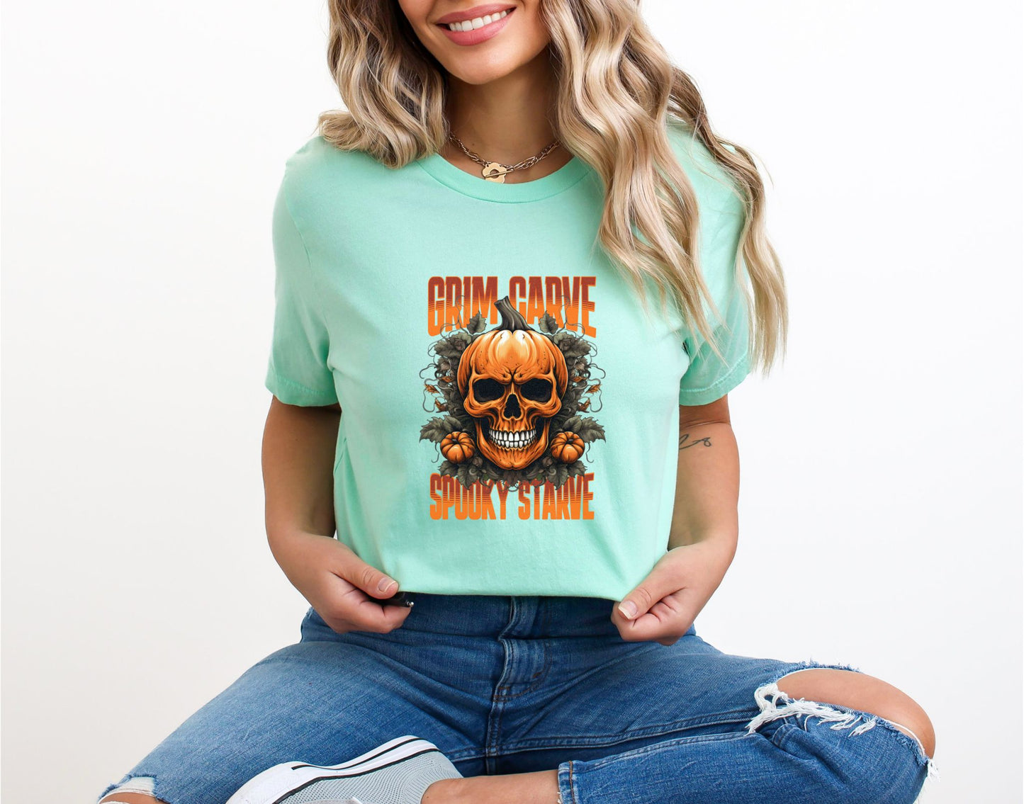 Grim Carve Spooky Starve Halloween Mint T-Shirt