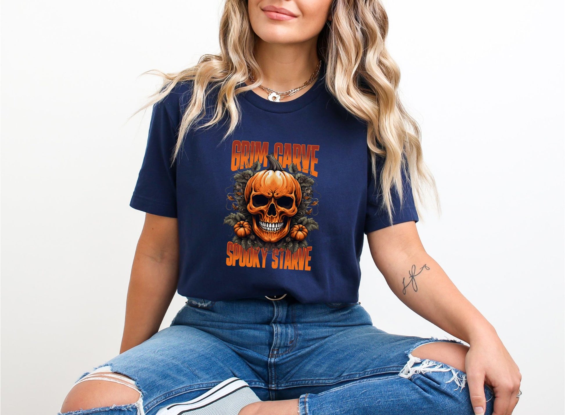 Grim Carve Spooky Starve Halloween Navy T-Shirt