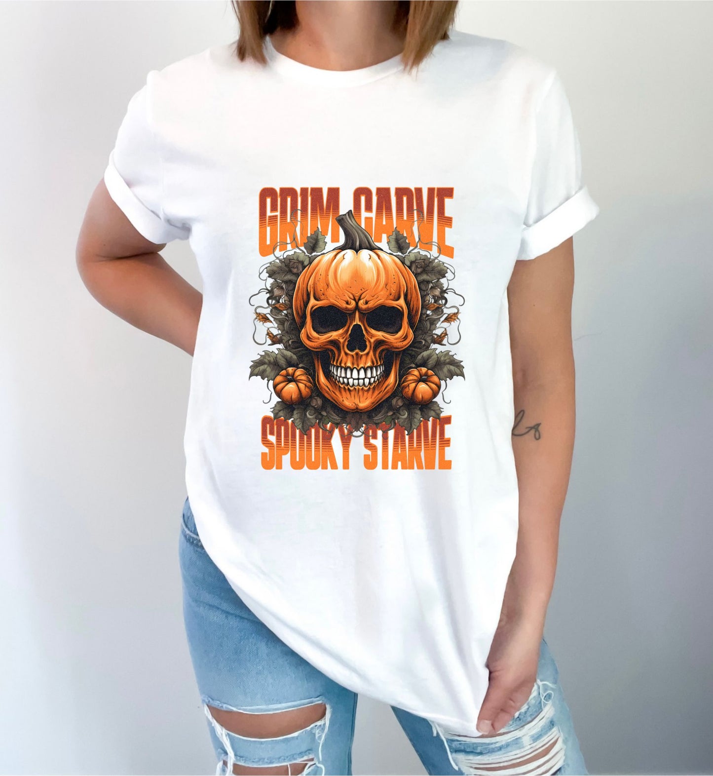 Grim Carve Spooky Starve Halloween White T-Shirt