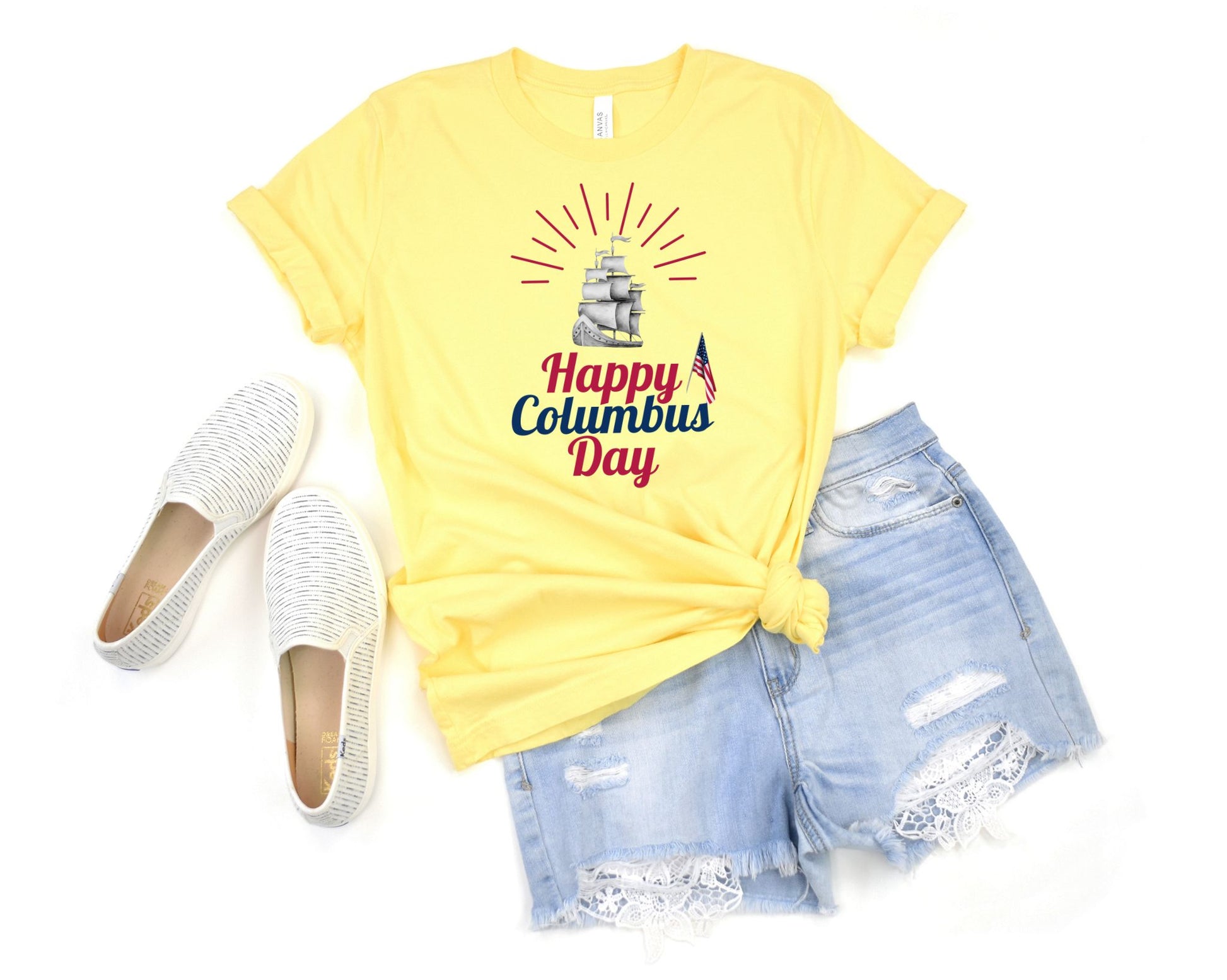 Happy Columbus Day on a Yellow tshirt