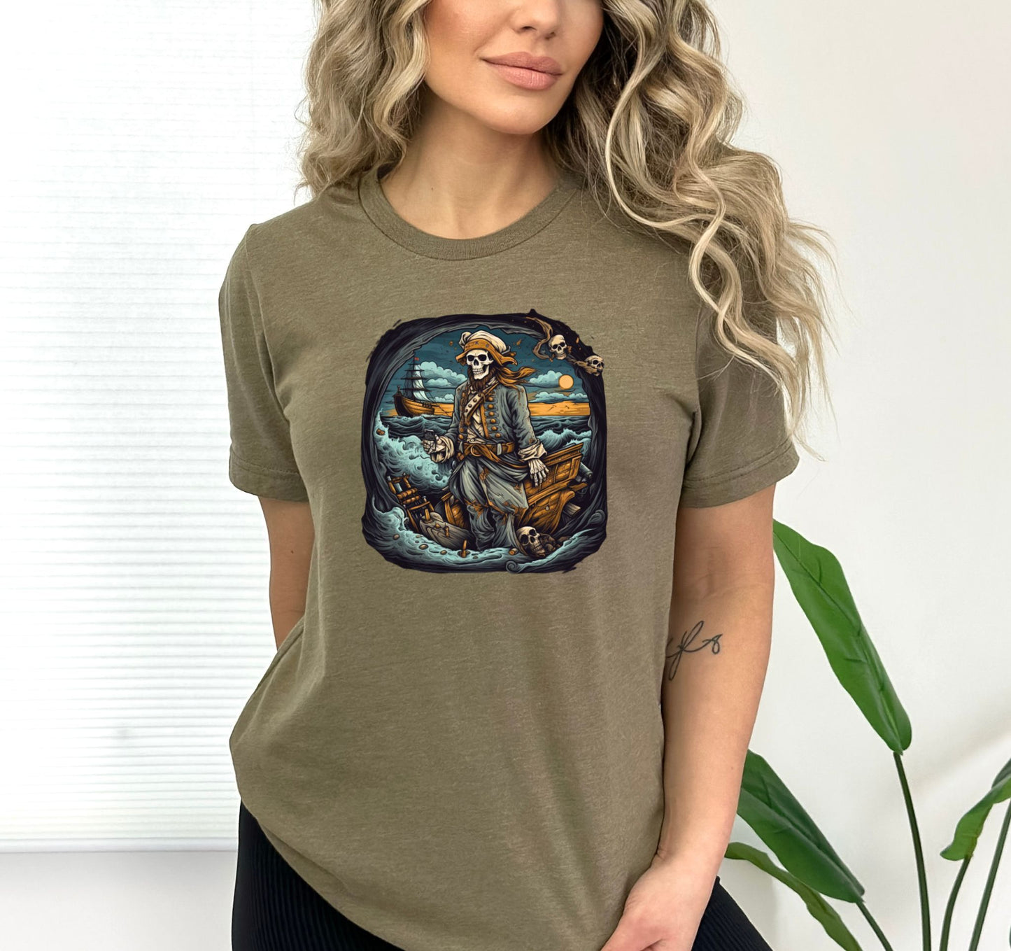 Heather Olive Halloween Skull Pirate Shirt