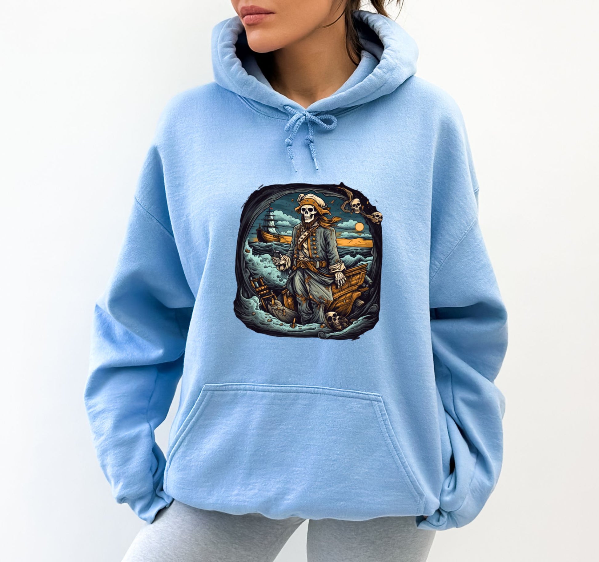 Light Blue Halloween Skull Pirate Hoodie