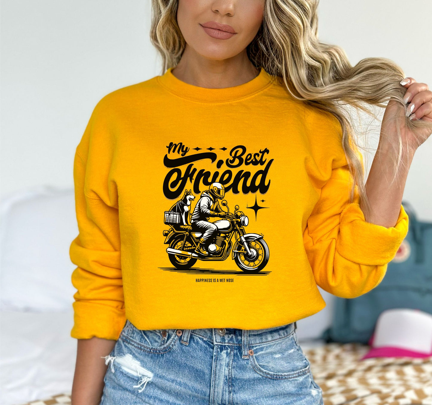 Motorcycle Adventures with Your Furry Co-Pilot Gold Sweatshirt