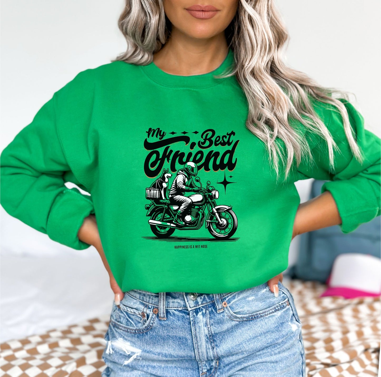 Motorcycle Adventures with Your Furry Co-Pilot Irish Green Sweatshirt