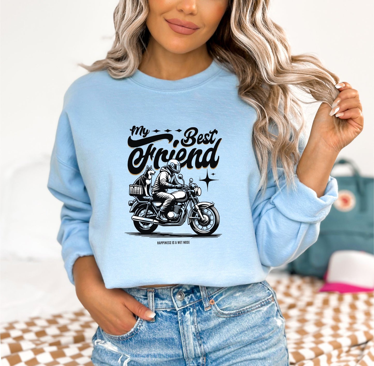 Motorcycle Adventures with Your Furry Co-Pilot Light Blue Sweatshirt