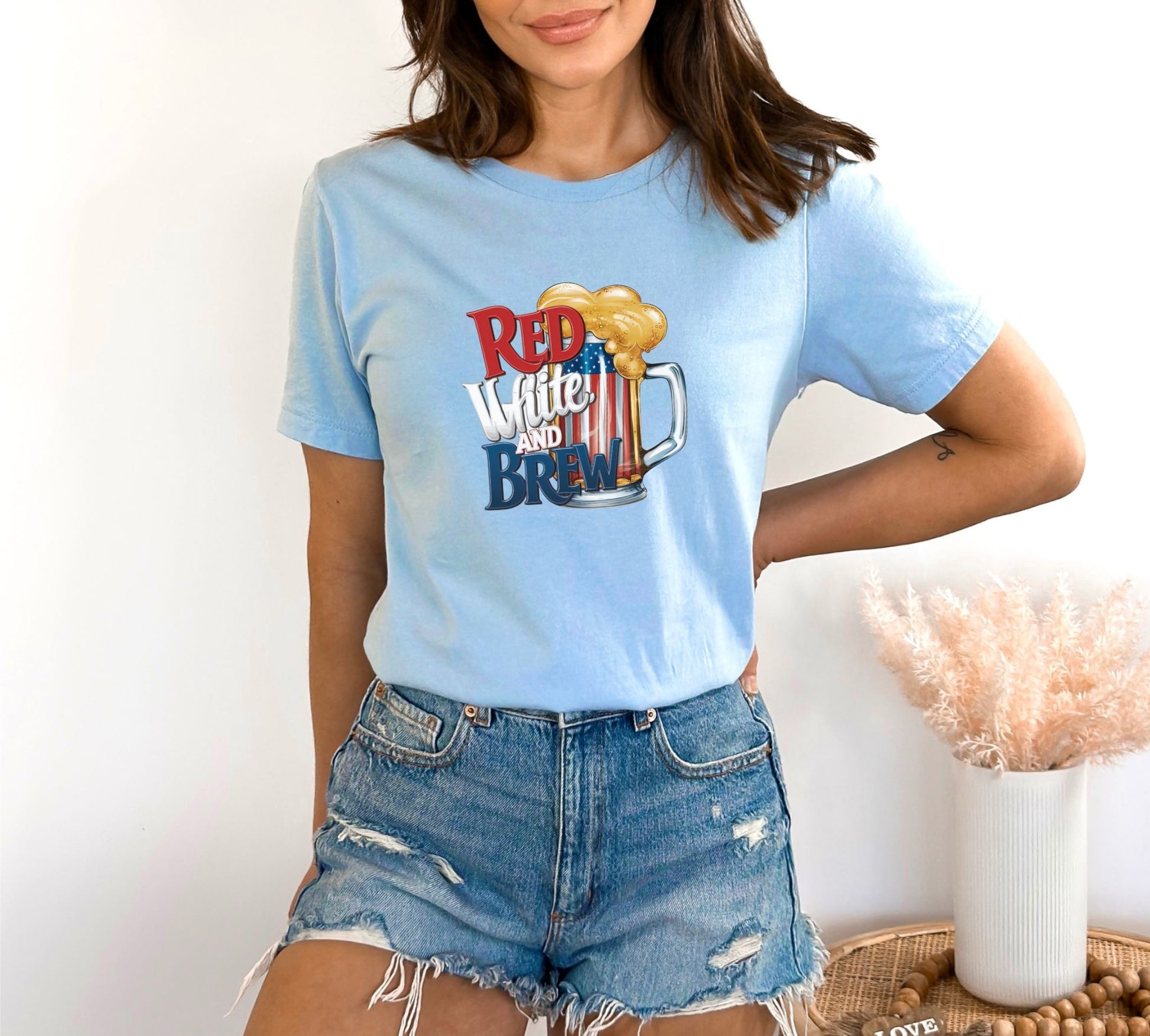  Analyzing image      Red White and Brew Light Blue T-Shirt