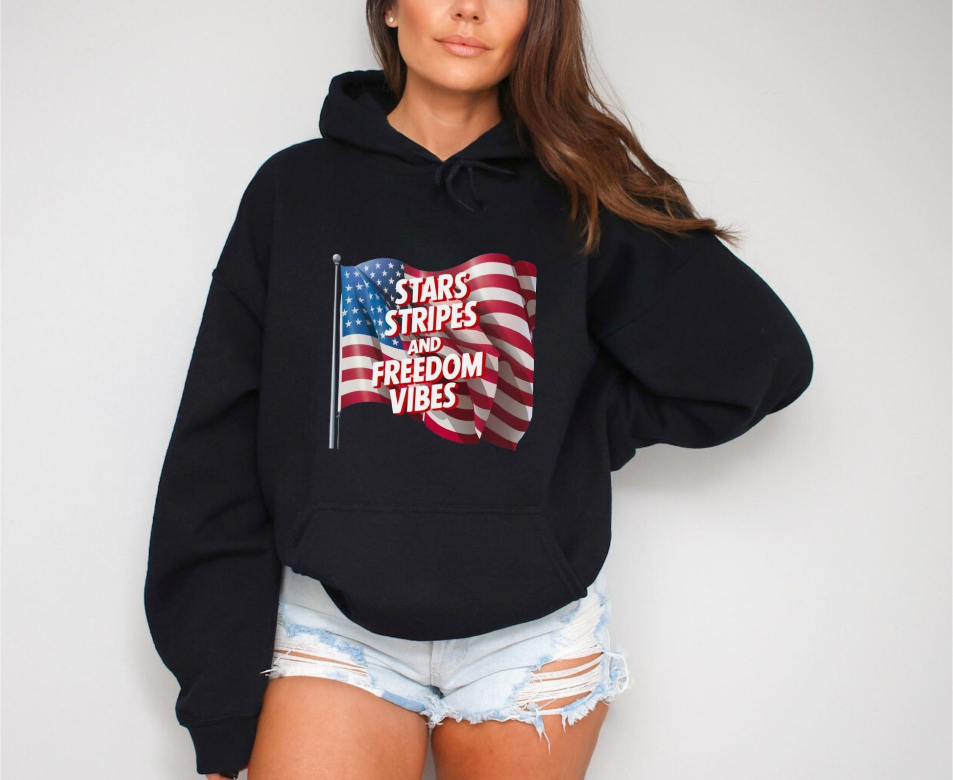 Star Stripes and Freedom Vibes Black Hoodie