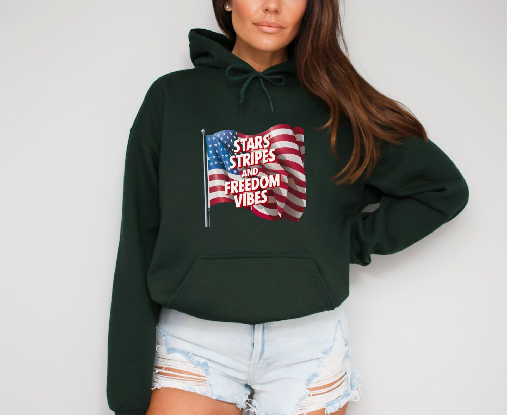 Star Stripes and Freedom Vibes Forest Green Hoodie