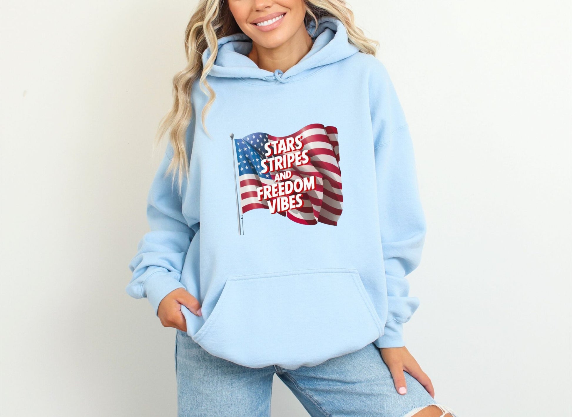 Star Stripes and Freedom Vibes Light Blue Hoodie