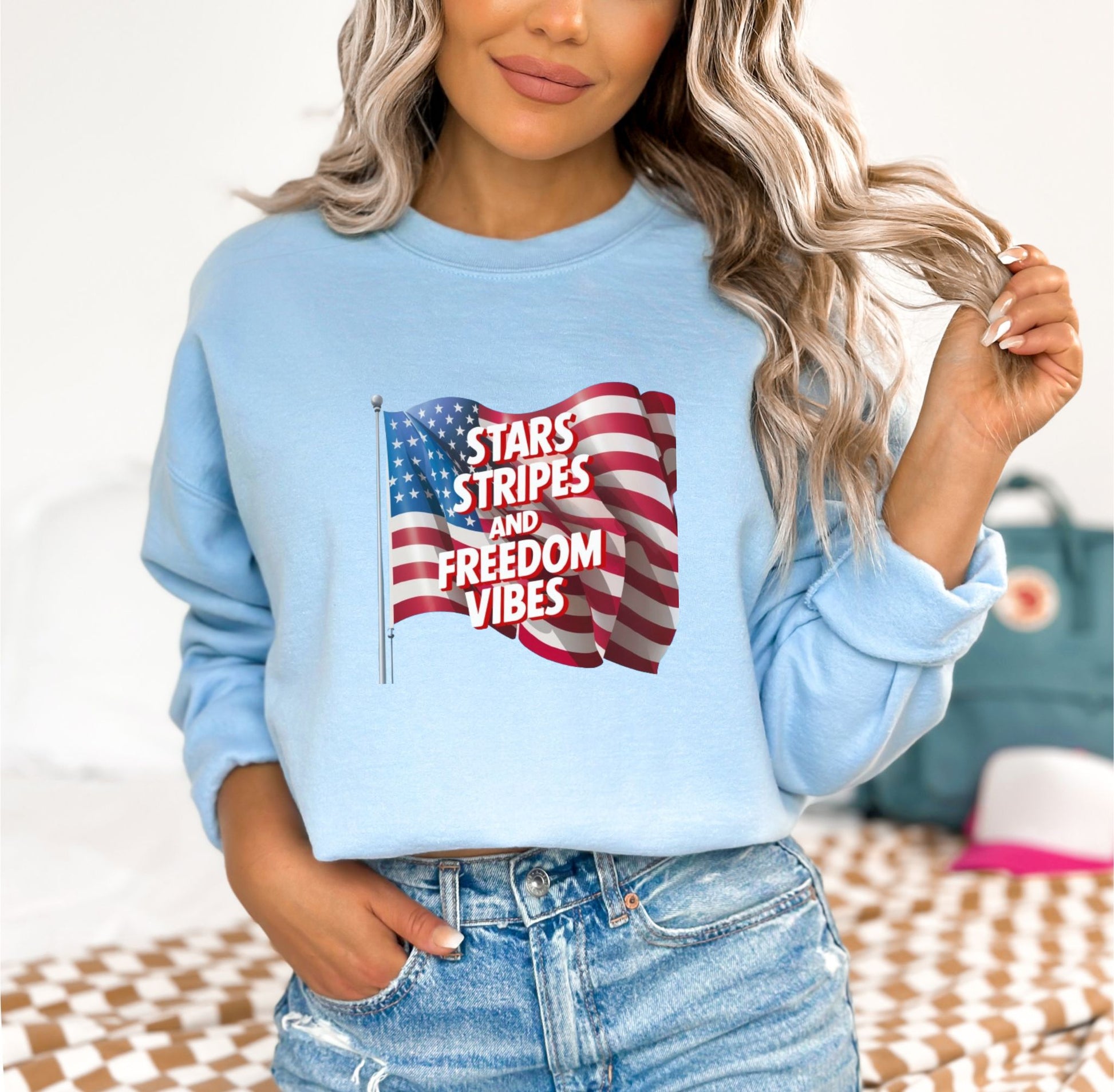 Star Stripes and Freedom Vibes Light Blue Sweatshirts