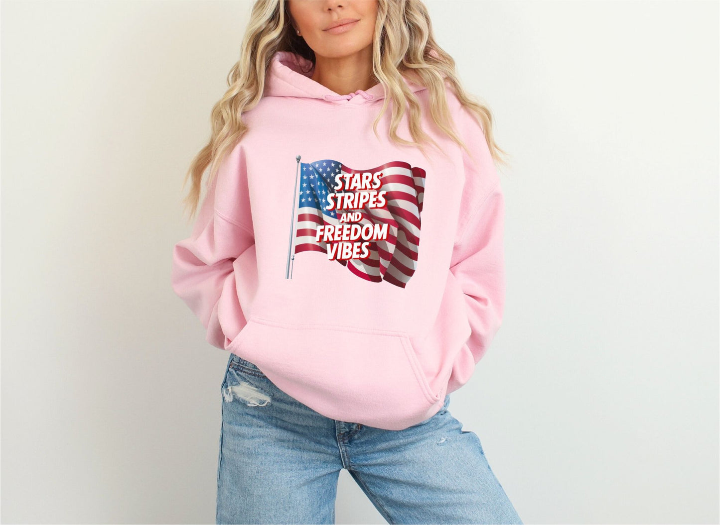 Star Stripes and Freedom Vibes Light Pink Hoodie