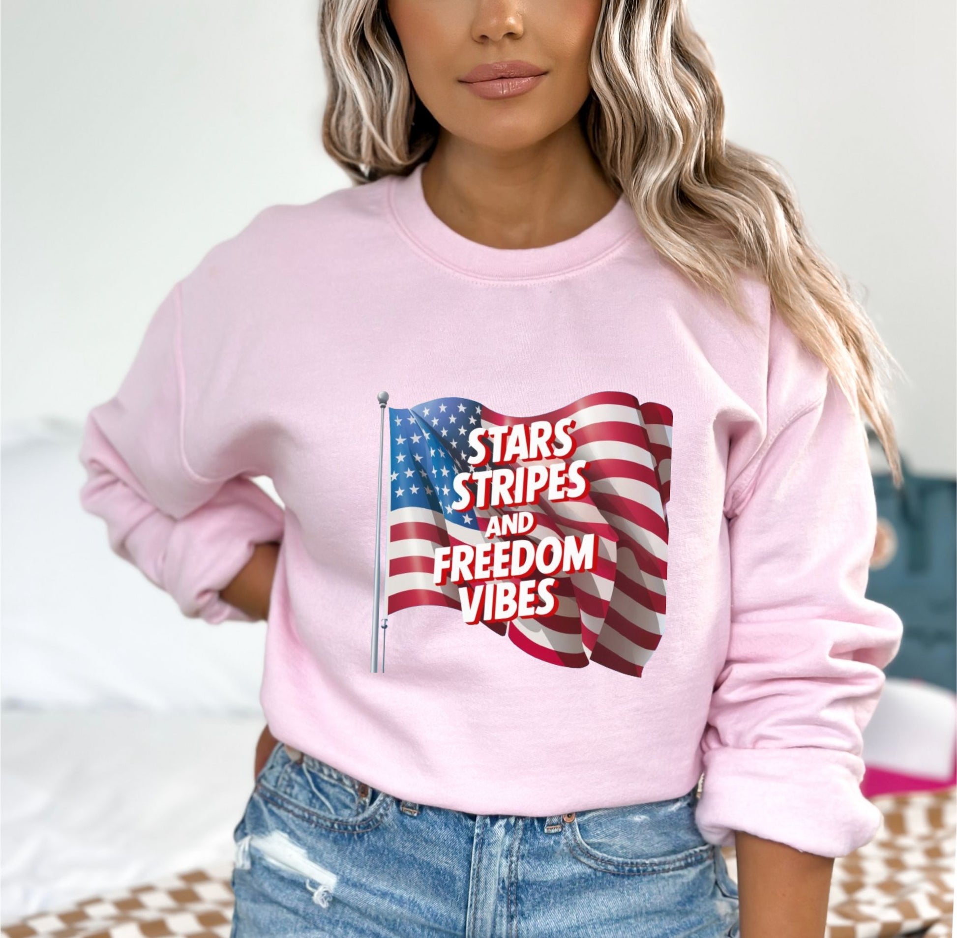 Star Stripes and Freedom Vibes Light Pink Sweatshirts