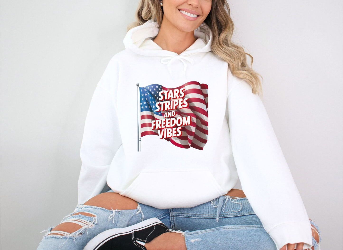 Star Stripes and Freedom Vibes White Hoodie