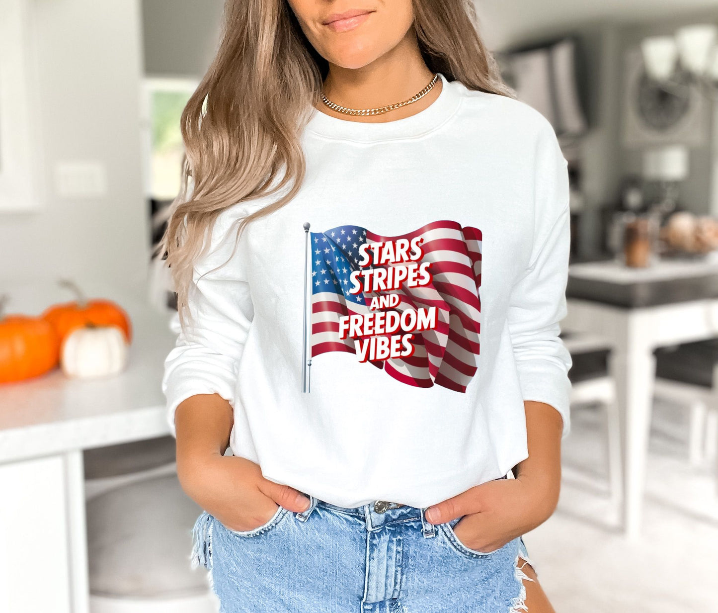 Star Stripes and Freedom Vibes White Sweatshirts