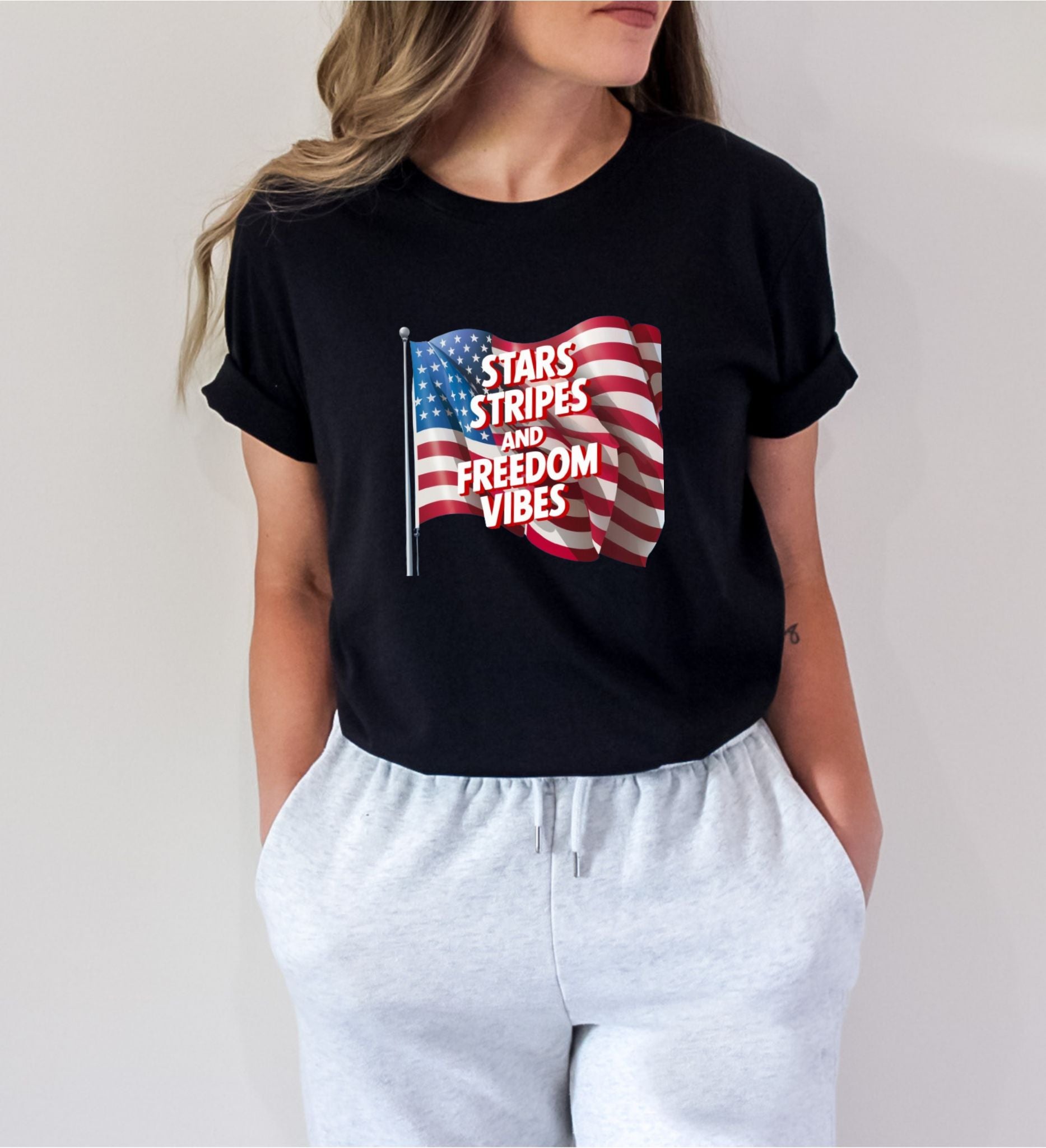 Star Stripes and Freedom Vibes Black T-Shirt