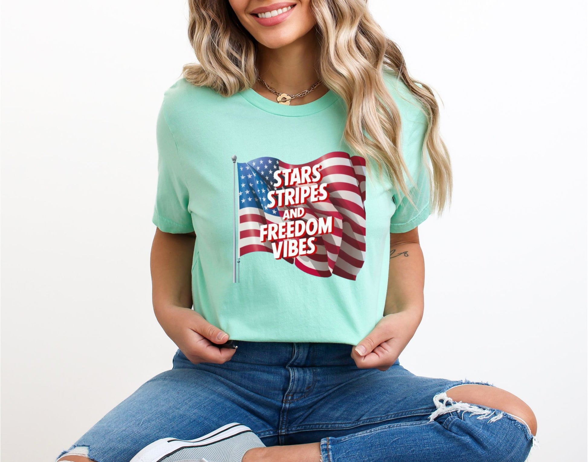 Star Stripes and Freedom Vibes Mint T-Shirt