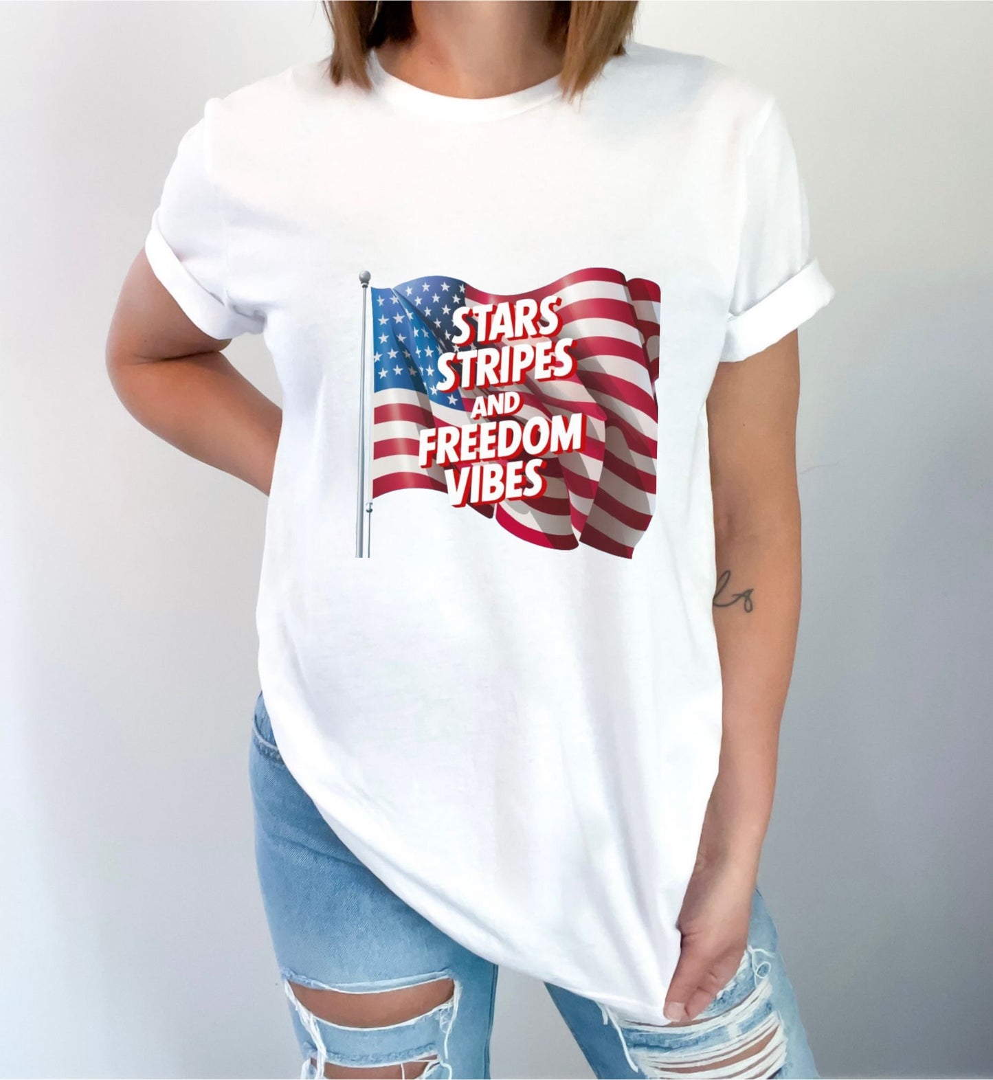 Star Stripes and Freedom Vibes White T-Shirt