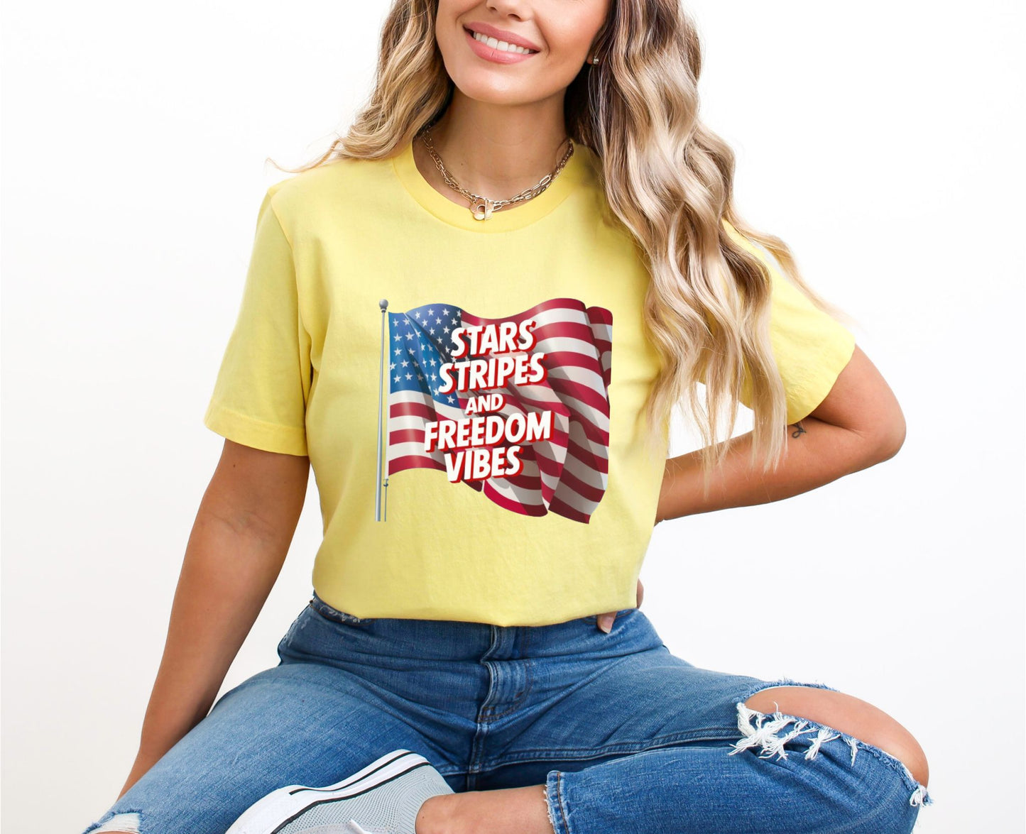 Star Stripes and Freedom Vibes Yellow T-Shirt