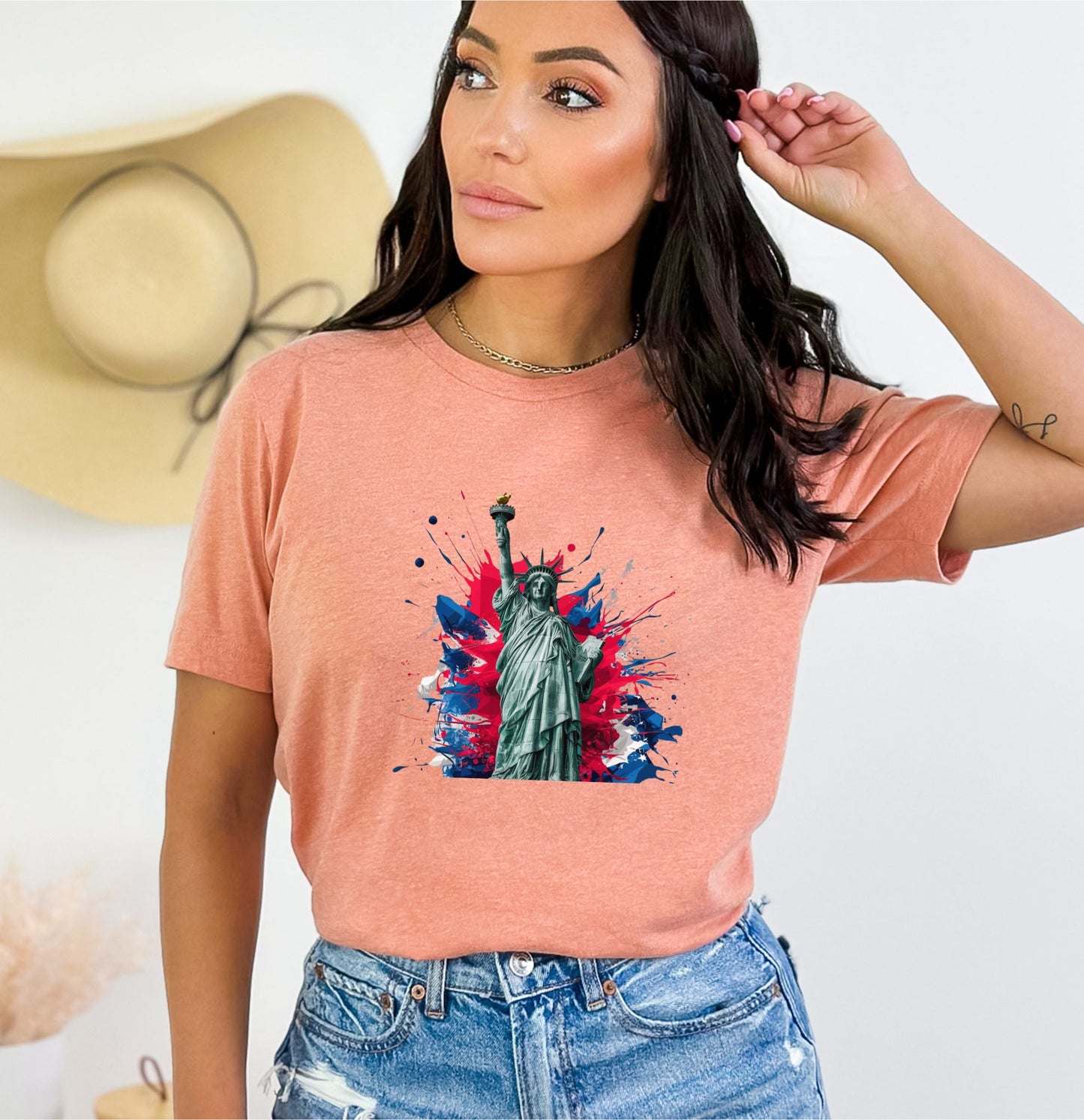 Statue of Liberty and Flag Colors Heather Sunset T-Shirt