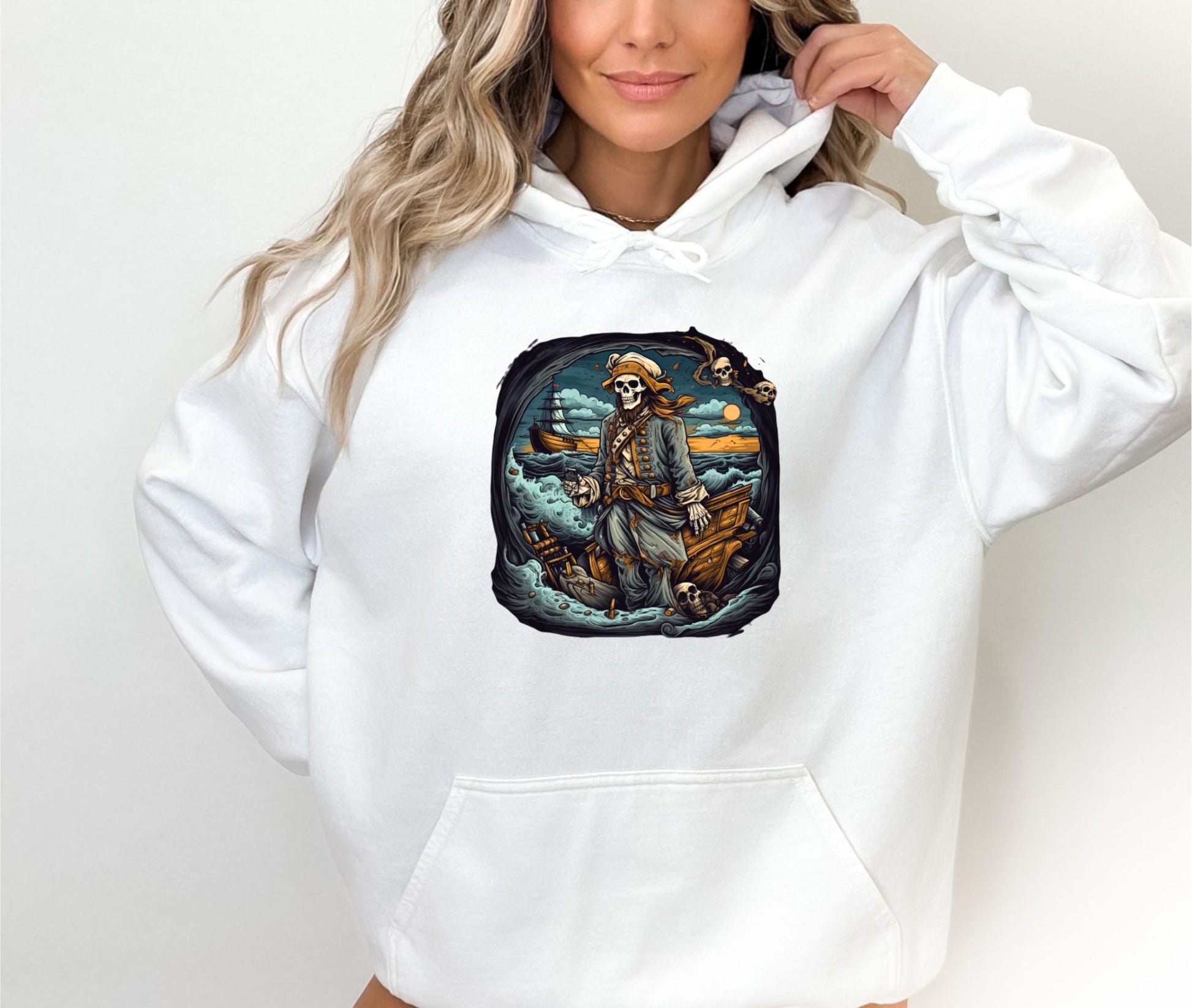 White Halloween Skull Pirate Hoodie