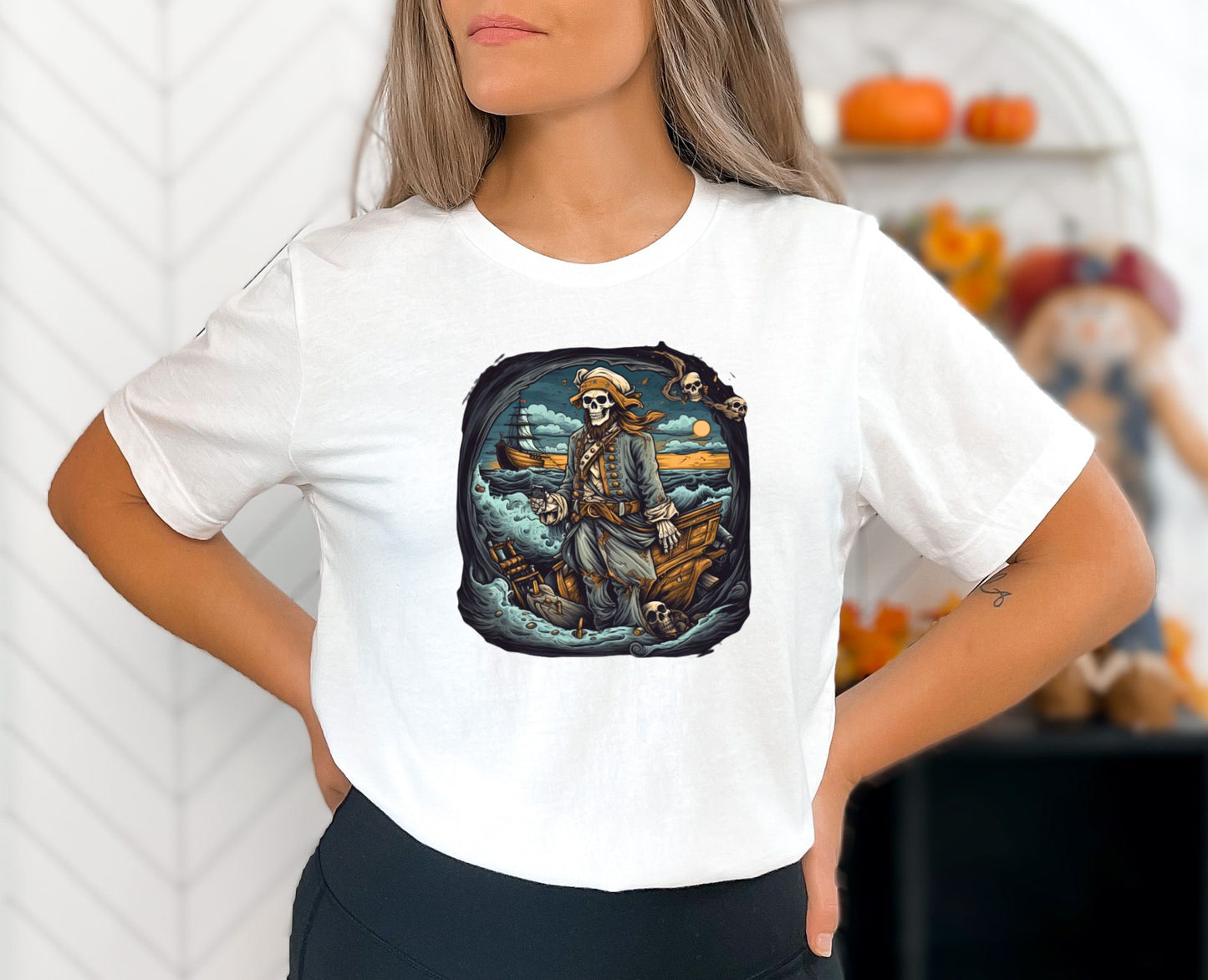 white Halloween Skull Pirate Shirt