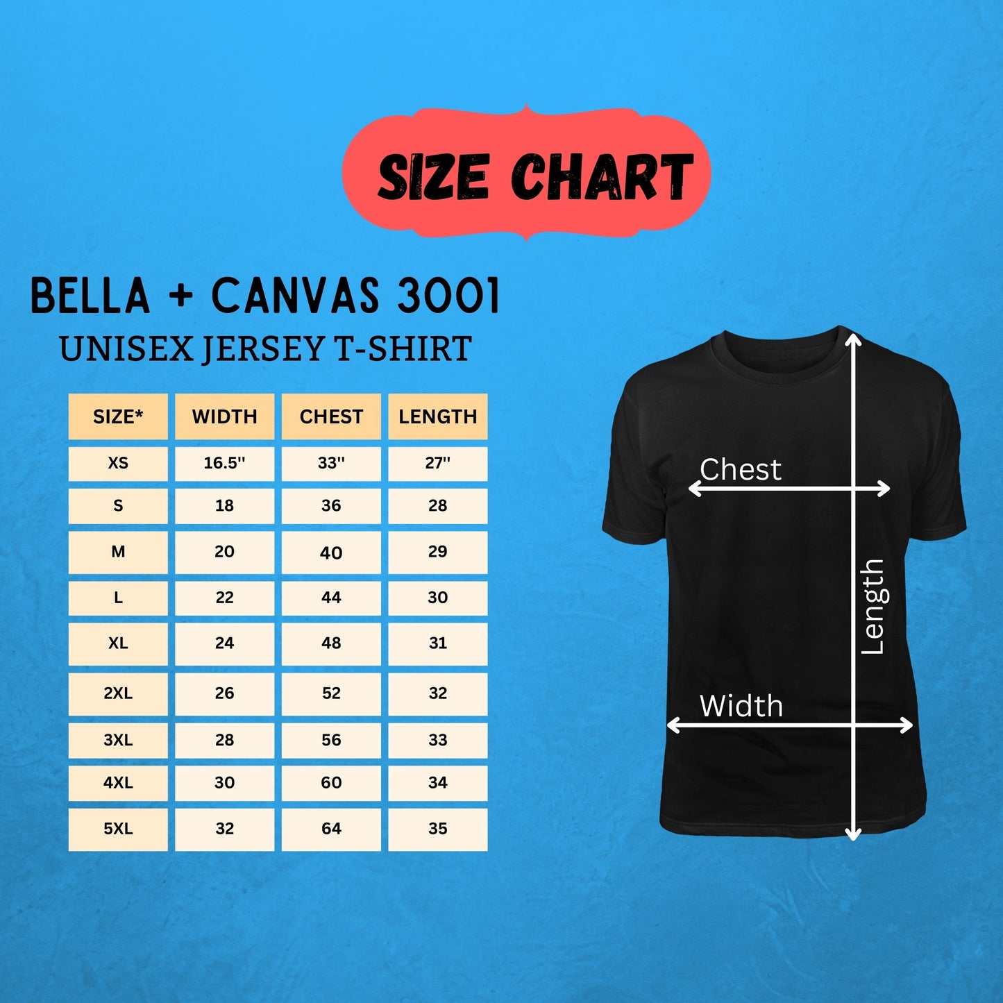 size chart for Bella + Canvas 3001 T-Shirt